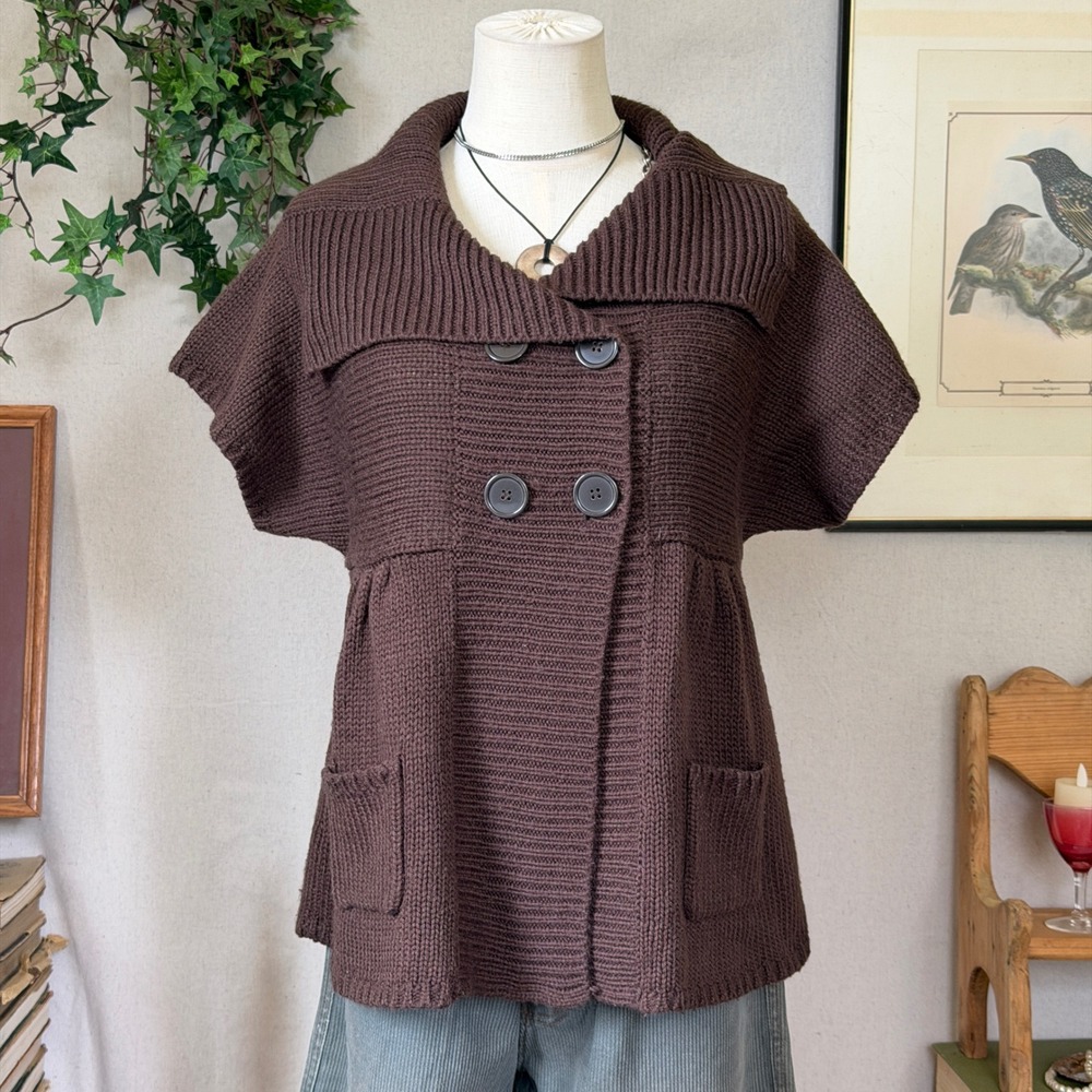 Chunky Brown Double Breasted Short Sleeve Cardigan Sweater Y2K Whimsy Twee L